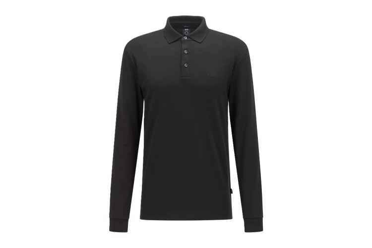 BOSS Pe Interlock Embroidered Cotton Logo L/S Polo - Black