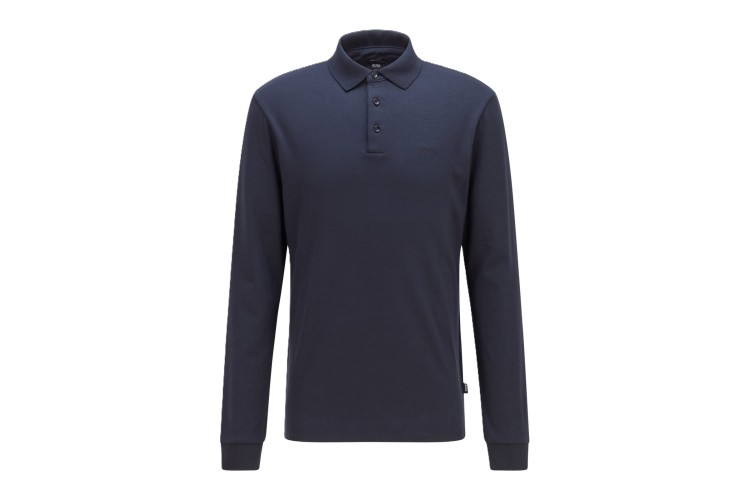 BOSS Pe Interlock Embroidered Cotton Logo L/S Polo - Navy