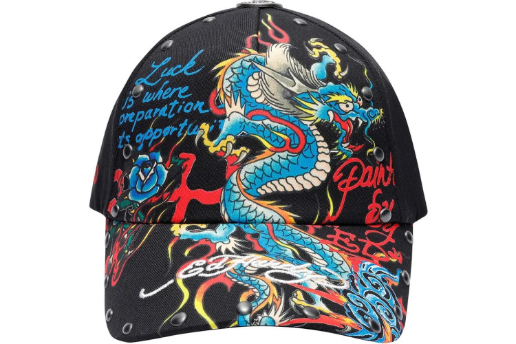 Ed Hardy Blue Dragon 6 Panel Studded Eyelets Cap - Black