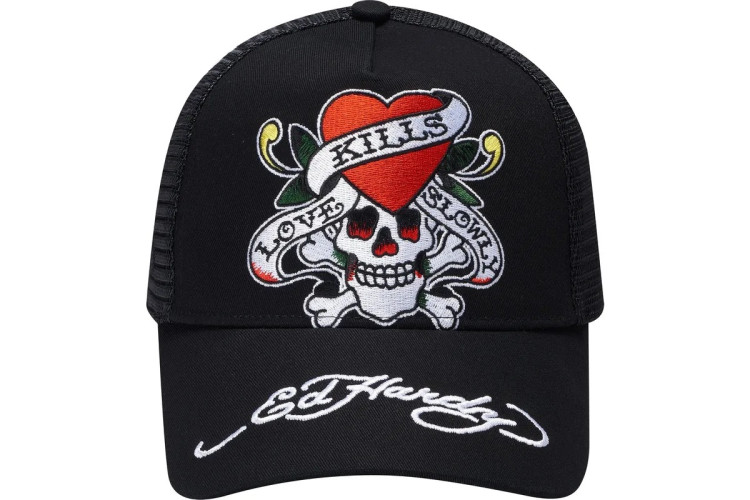 Ed Hardy Love Slowly Twill Front Mesh Trucker - Black