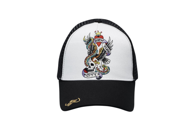 Ed Hardy NYC Twill Front Mesh Trucker Cap - White/Black