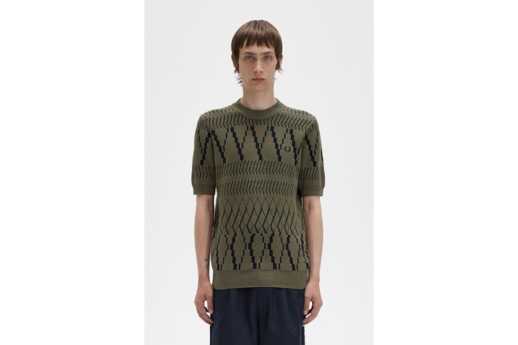 Fred Perry K5552 Argyle Panel Knitted T-Shirt - Uniform Green