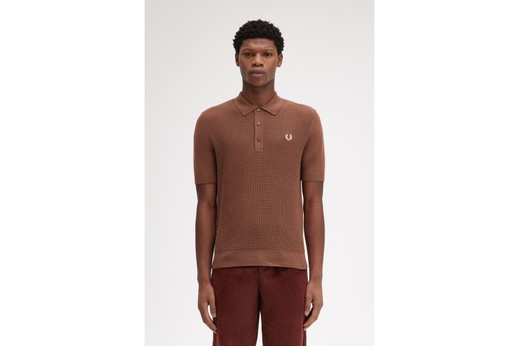 Fred Perry K8555 Waffle Stitch Knitted Shirt Whiskey Brown - S54