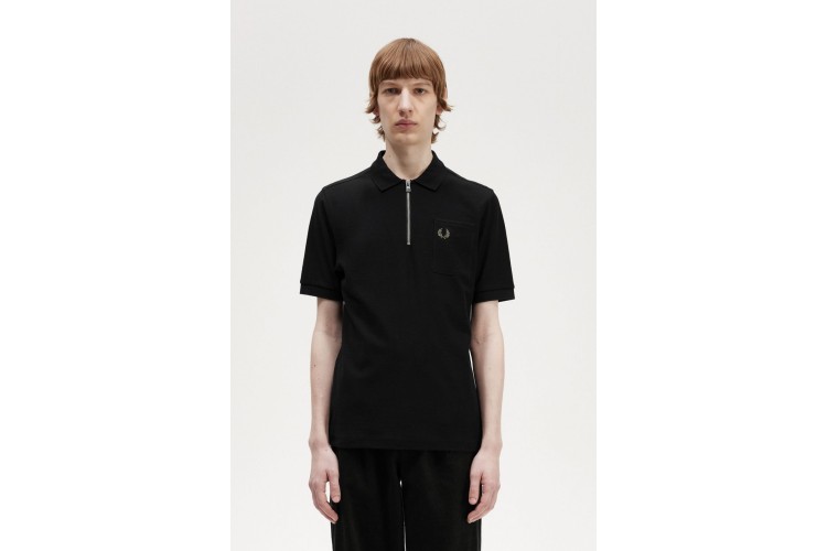Fred Perry M6583 Textured Zip Neck Polo Shirt - Black
