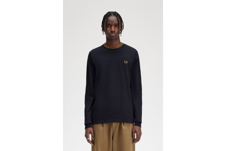 Fred Perry M9602 Twin Tipped L/S T-Shirt - Navy/Dark Caramel