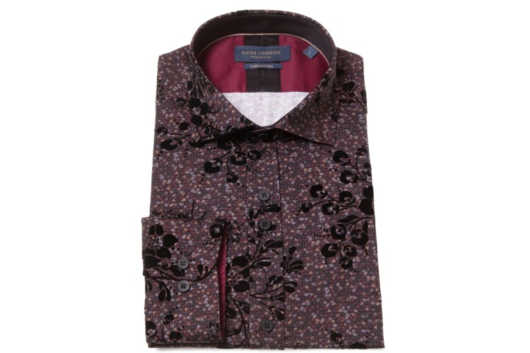 Guide London LS77014 L/S Luxorious Floral Flock Shirt - Burgundy/Tan