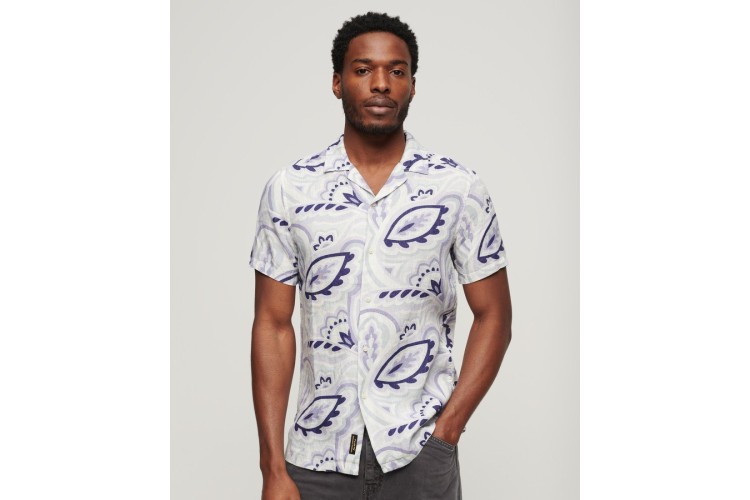 Superdry Open Collar Printed Linen Shirt - Laurel Grey