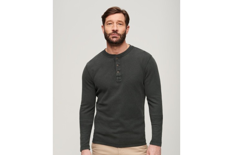 Superdry Waffle Henley L/S Top - Washed Black