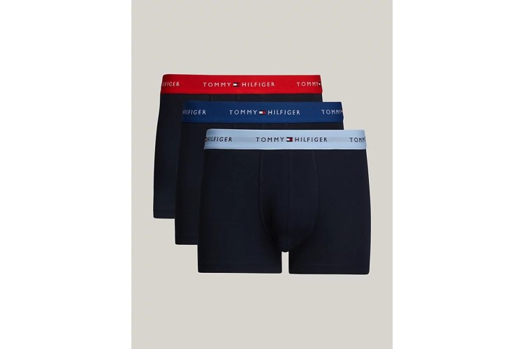 Tommy Hilfiger Signature Essential Logo Waistband 3 Pack Trunks - FierceRed/WellWater/AnchorBlue