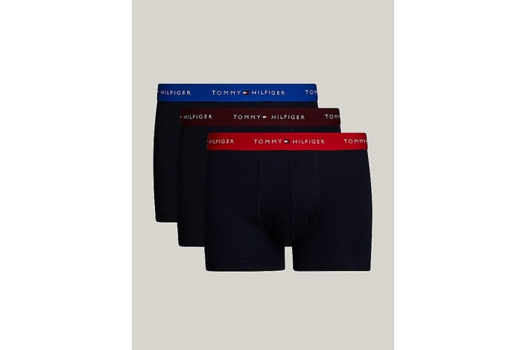 Tommy Hilfiger Signature Essential Logo Waistband 3 Pack Trunks - BrightBlue/DeepCrim/DeepRouge